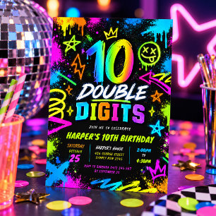 Colourful Double Digits Neon Graffiti 10th Birthda Invitation
