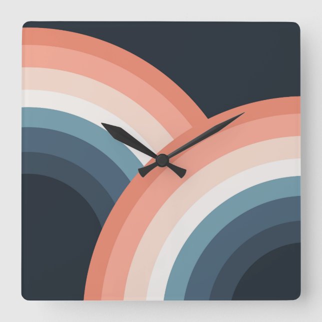 Colourful double retro style rainbow square wall clock (Front)