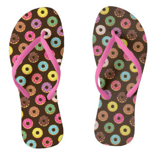 Colourful Doughnut Pattern In Chocolate Flip Flops