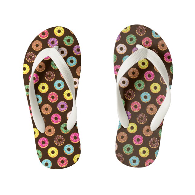 Colourful Doughnut Pattern In Chocolate Kid's Flip Flops (Footbed)