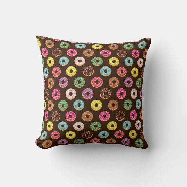 Colourful Doughnut Pattern In Chocolate Throw Pillow (Front)