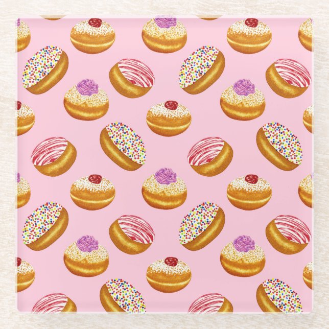 Colourful Doughnuts: Hand Drawn Watercolor Glass Coaster (Front)