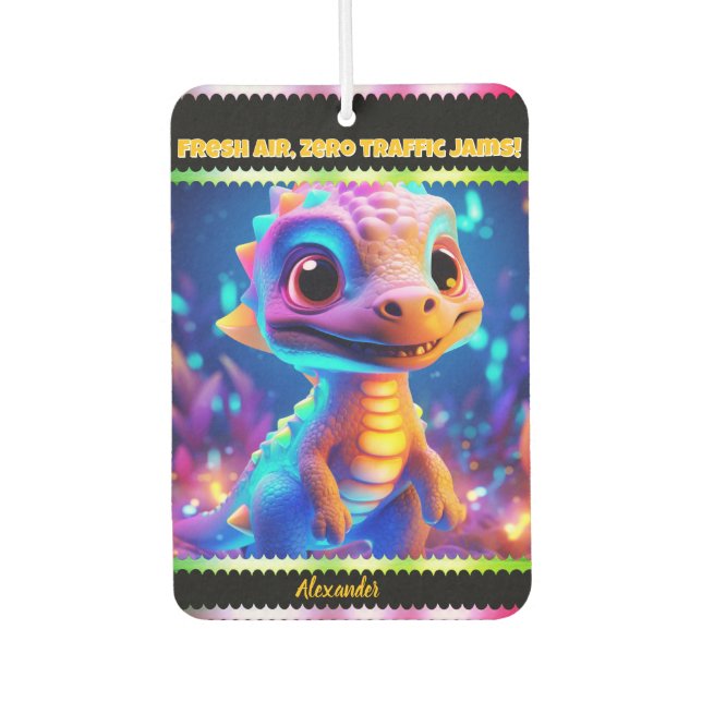 Colourful dragon in a whimsical scene air freshener (Front)