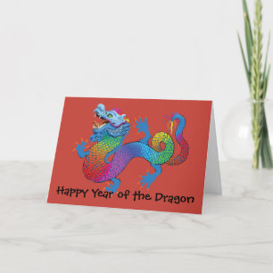 Colourful Dragon on red Chinese New Year Greeting Holiday Card