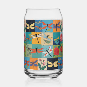 Colourful Dragonflies And Roses Patchwork Can Glass
