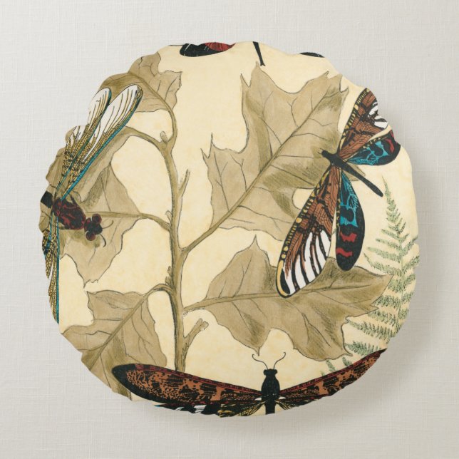 Colourful Dragonflies Floating Above Leaves Round Pillow (Front)