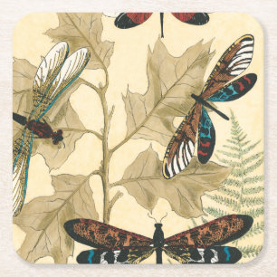Colourful Dragonflies Floating Above Leaves Square Paper Coaster