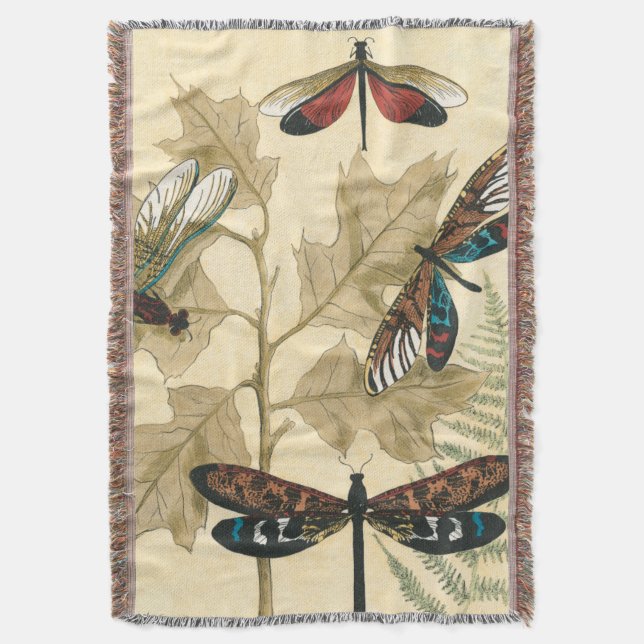 Colourful Dragonflies Floating Above Leaves Throw Blanket (Front Vertical)