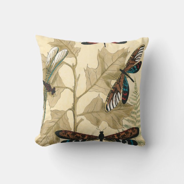 Colourful Dragonflies Floating Above Leaves Throw Pillow (Front)