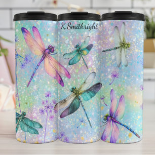 Colourful Dragonflies Glitter Background Thermal Tumbler