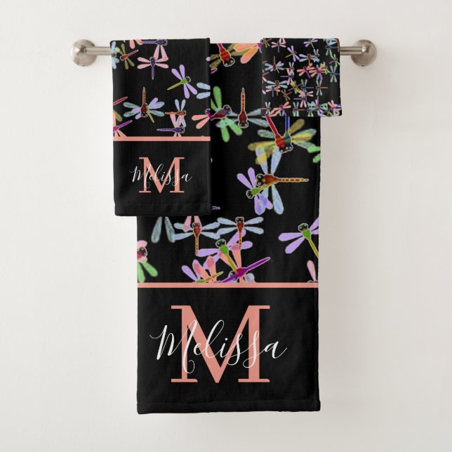 Colourful dragonflies personalized   bath towel se (Insitu)
