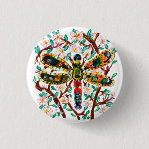 Colourful Dragonfly Among Cherry Blossoms 1 Inch Round Button