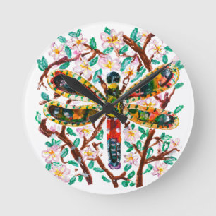 Colourful Dragonfly Among Cherry Blossoms Round Clock