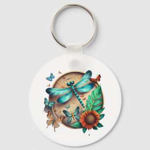 Colourful Dragonfly and Butterfly Floral Design Keychain