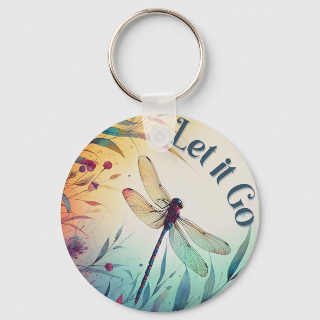 Colourful Dragonfly Floral Let it Go Inspire Quote Keychain (Front)