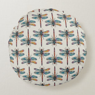 Colourful Dragonfly Pattern Round Pillow