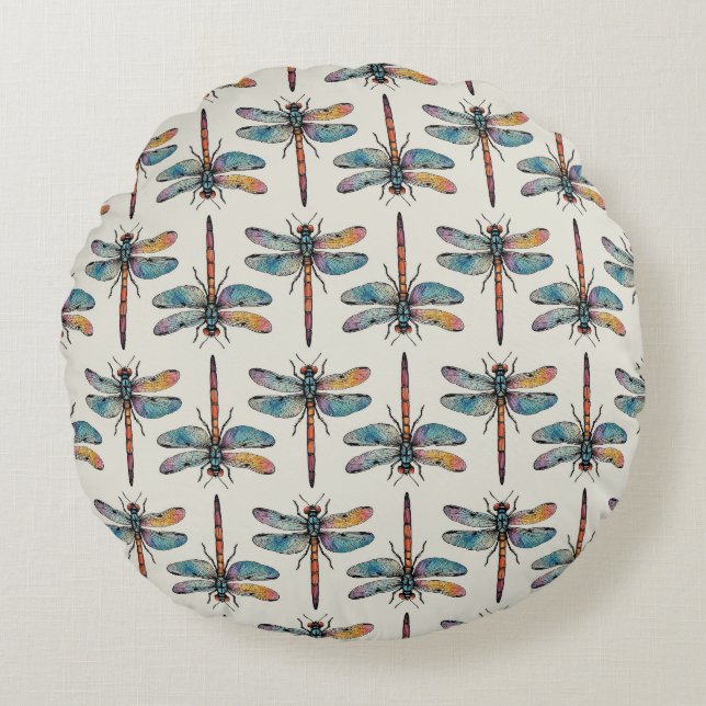 Colourful Dragonfly Pattern Round Pillow (Front)
