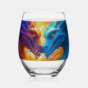 Colourful Dragons in Love Stemless Wine Glass