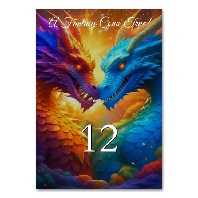 Colourful Dragons in Love Wedding Table Number (Front)