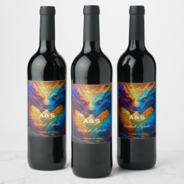Colourful Dragons in Love Wedding Wine Label