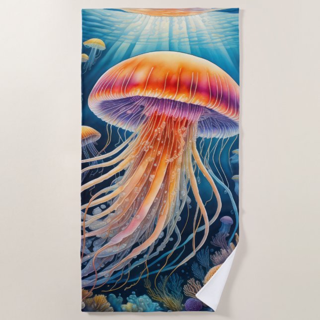 Colourful Drawing of Jelly Fish Beach Towel (Front)