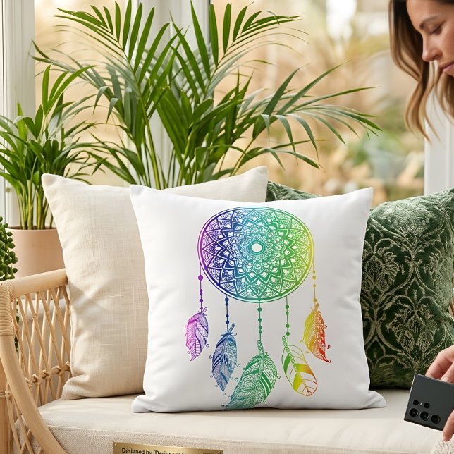 Colourful Dreamcatcher Summer Boho Mandala Throw Pillow (Creator Uploaded)