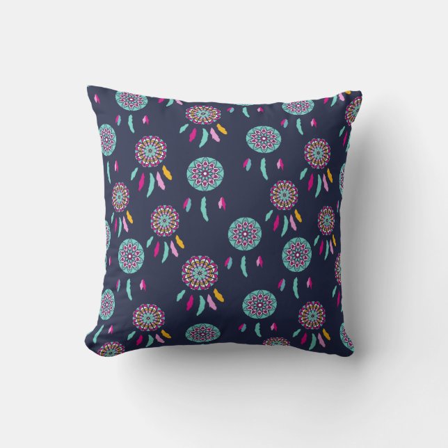 Colourful Dreamcatchers Dark Blue Throw Pillow (Front)