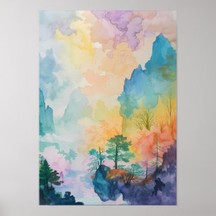 Colourful Dreamscape with Trees and Mountains Poster