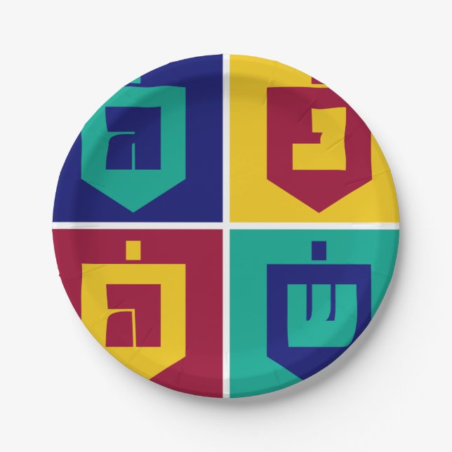 Colourful Dreidels Hanukkah Paper Plate (Front)
