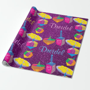 Colourful Dreidels Purple Faux Glitter Hanukkah Wrapping Paper