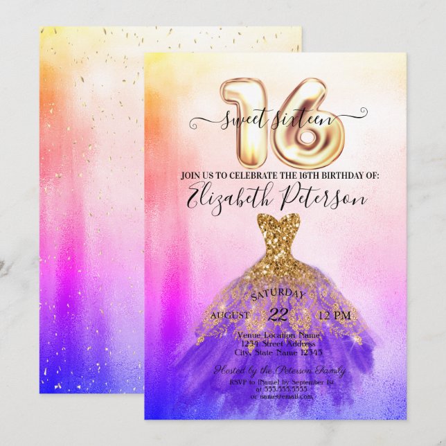 Colourful Dress Confetti Ombre Sweet 16  Invitation (Front/Back)