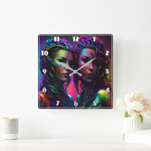 Colourful Dual Portrait of Women With Curly Hair Square Wall Clock