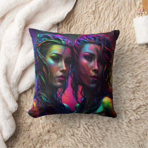 Colourful Dual Portrait of Women With Curly Hair Throw Pillow