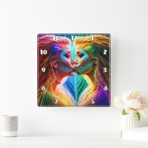 Colourful Dual Portrait of Women With Vibrant Hair Square Wall Clock
