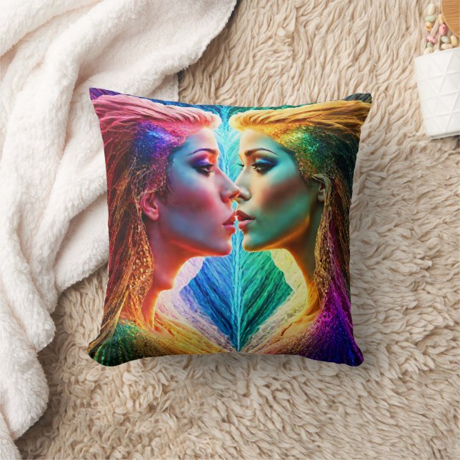 Colourful Dual Portrait of Women With Vibrant Hair Throw Pillow (Blanket)