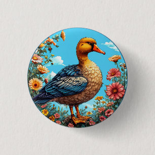 Colourful Duck Standing Amid Vibrant Flowers 1 Inch Round Button