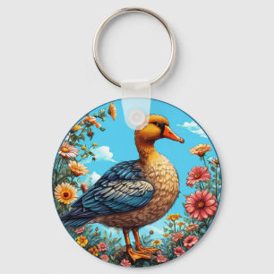 Colourful Duck Standing Amid Vibrant Flowers Keychain