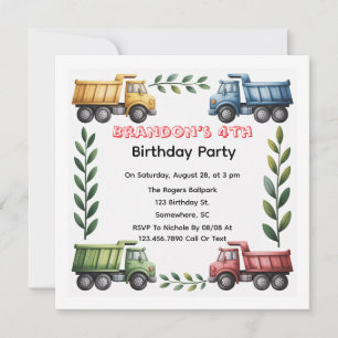 Colourful Dump Trucks 4th. Birthday Party Invitation