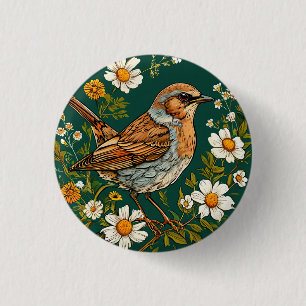 Colourful Dunnock Bird Amid Blooming Flowers 1 Inch Round Button