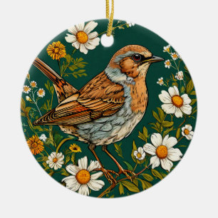 Colourful Dunnock Bird Amid Blooming Flowers Ceramic Ornament