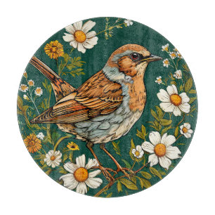 Colourful Dunnock Bird Amid Blooming Flowers Cutting Board