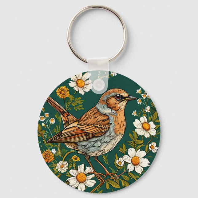 Colourful Dunnock Bird Amid Blooming Flowers Keychain (Front)