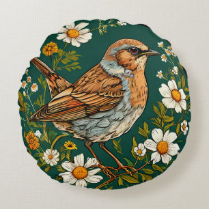 Colourful Dunnock Bird Amid Blooming Flowers Round Pillow