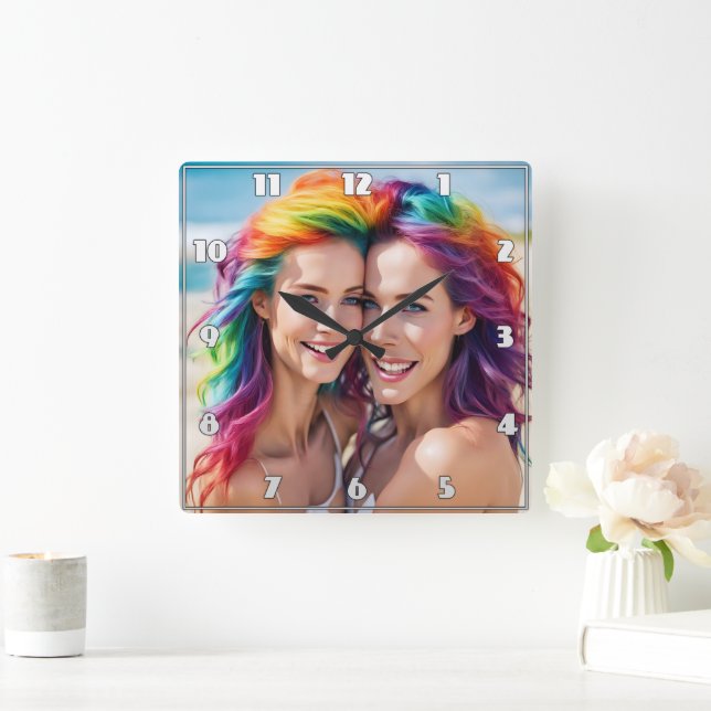 Colourful Duo With Vibrant Hair at the Beach Square Wall Clock (Home)