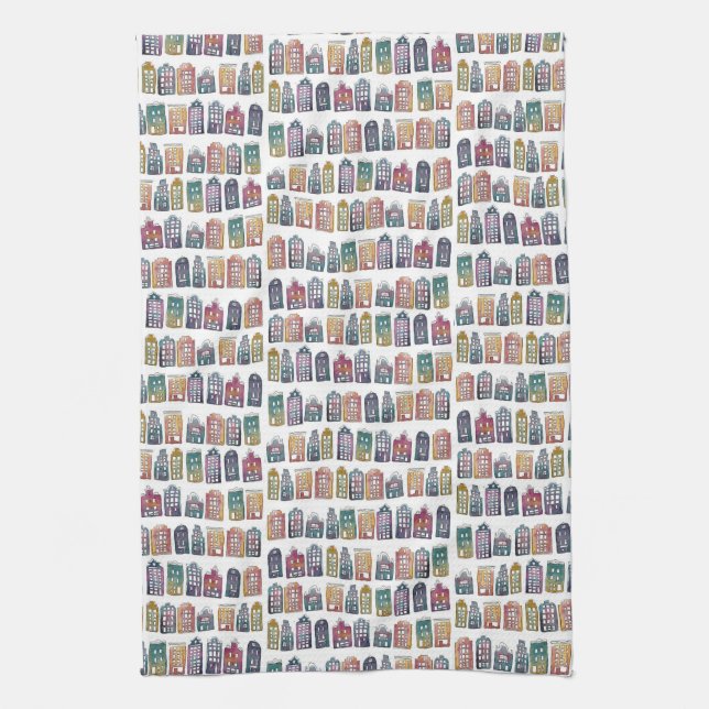 Colourful Dutch Houses Amsterdam City Pattern Kitchen Towel (Vertical)