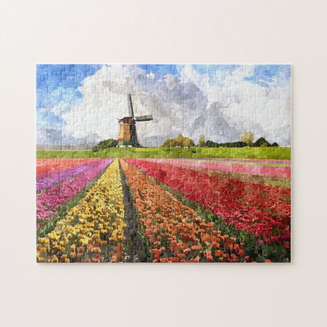 Colourful Dutch Tulips Flower Fields Watercolor Ar Jigsaw Puzzle (Horizontal)
