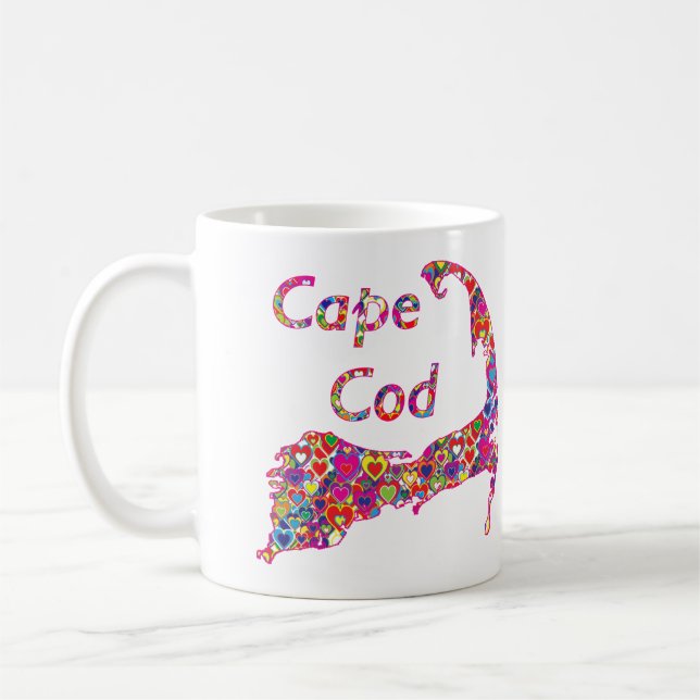 Colourful Dynamic Heart-Filled Map of Cape Cod Coffee Mug (Left)