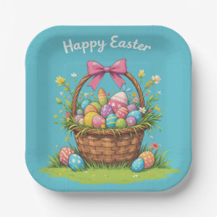 Colourful Easter Basket with Eggs Festive Paper Plate