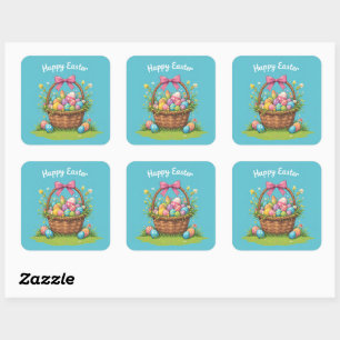 Colourful Easter Basket with Eggs Festive Square Sticker