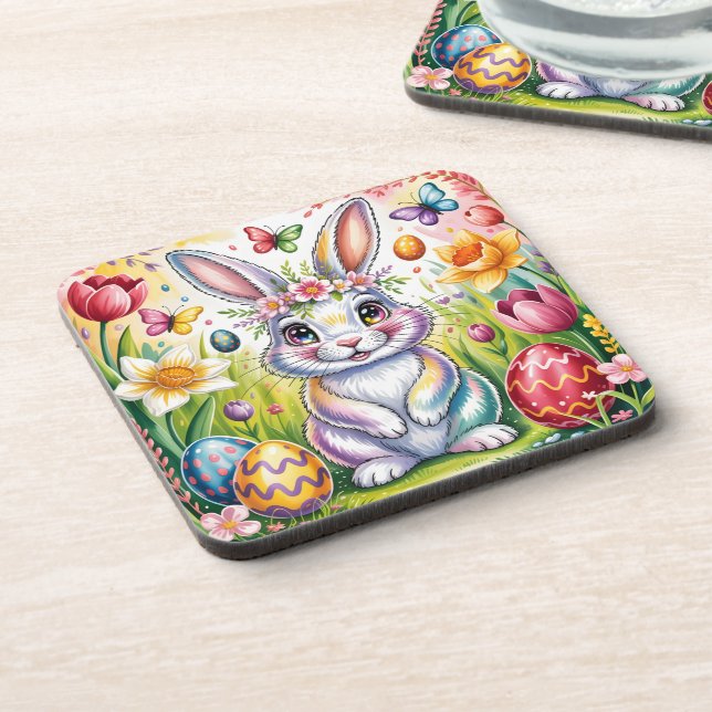 Colourful Easter Bunny Illustration with Crown  Coaster (Left Side)